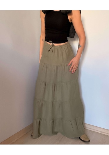 Ali Butik Haki Önü Bağlamalı Müslin Etek Haki