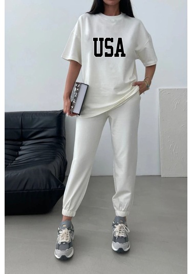 Usa T-shirt Eşofman Altı Jogger-beyaz Baskılı Alt Üst Eşofman Takım Oversize Bisiklet Yaka Fbeyaz