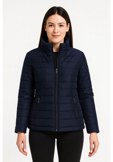 Kadın Bomber Mont Ceket - Su İtici Kumaş, Kapitone Astarlı, Fermuarlı, Kışlık - Lacivert Çok Renkli