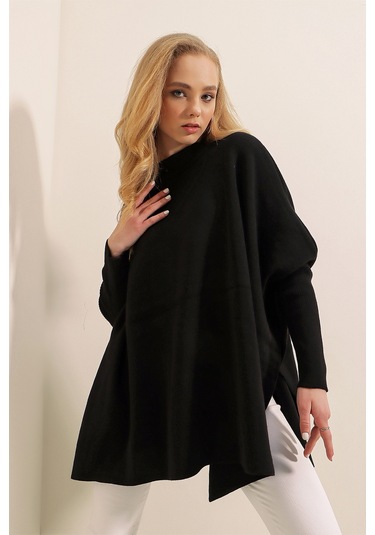 Bigdart 15783 Yırtmaçlı Panço Kazak - Siyah 001