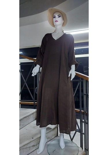 İtalyan V Yaka Uzun Kol Keten Elbise-8907 Koyu Kahve