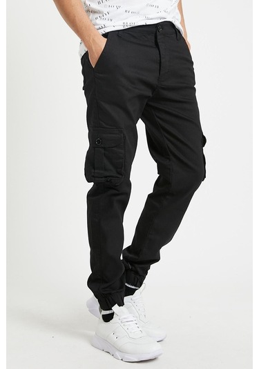 Slim Fit Körüklü Cep Paça Lastikli Esnek Kumaş Erkek Kargo Pantolon Siyah