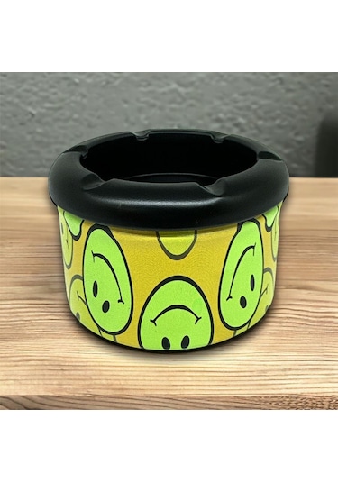 Smiley Desen Metal Mini Sigara Küllüğü Sarı 8cm