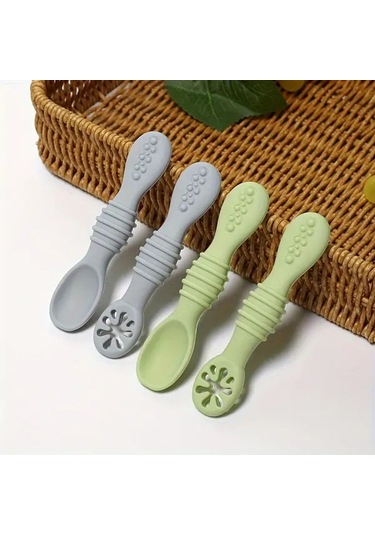 Hightower Yeşil Soğuk Gri 4 Parça Yemek Kaşığı Seti Silikon Mama Kaşığı Kendi Kendine Yeme Yeşil + Soğuk Gri