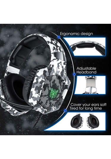 Monyee Onıkuma K8 Rgb Aydınlatmalı Oyun Kulaklığı, Ayarlanabilir Mikrofon Ve Ses Kontrolü, 3.5mm Bağlantı, Kamuflaj Siyah