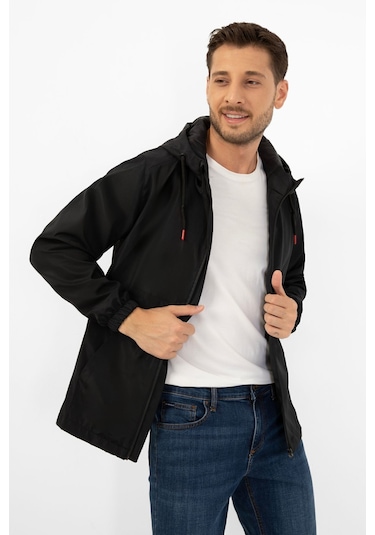 Erkek Siyah İçi Astarlı Kanguru Cepli Su Ve Rüzgar Geçirmez Kapüşonlu Cepli Yağmurluk Siyah