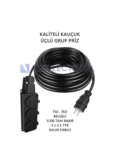 Kauçuk 3'lü 17 Metre Topraklı Grup Priz - 3x2.5 Ttr Tam Bakır Kalın Siyah Kablo 17 Metre