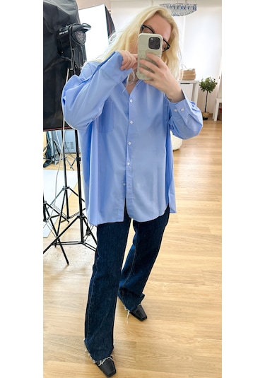 Modaonna Mavi Oversize Kalıp Poplin Gömlek Mavi