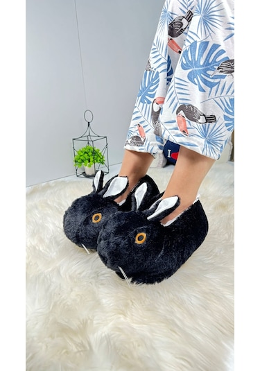 Kadın Panduf Tavşan Figürlü Peluş Ev Botu Desenli Düz Taban Rahat Hafif 359 Siyah