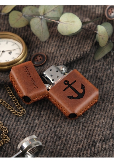 Vagave Taba Renk Hakiki Deri Kılıflı Zippo Benzinli Çakmak