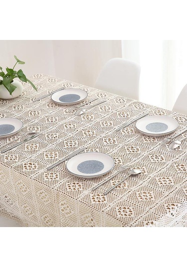 Bej Retro Pastoral Delikli Saf Pamuk Keten Oval Masa Örtüsü Masa Örtüsü Ekose Dantel Basit Yuvarlak Masa Örtüleri Arka Plan Bezi