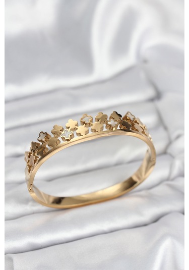 Zarif Bilekler İçin Golden Çelik Mini Yoncalı Kadın Kelepçe Bileklik Gri