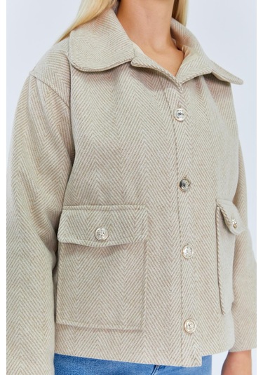 4410 Kadın Balık Sırtı Kısa Kaban Bej Bej