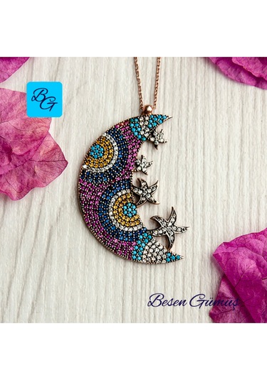 Renkli Zirkon Taşlı Ay Yıldızlar Kolye Rose - Gold -  Gümüş