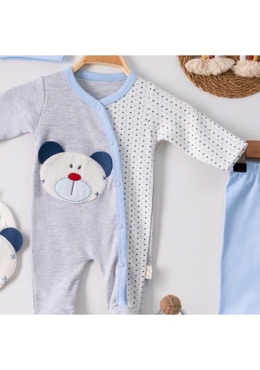 3 Ay Ayıcıklı Tulumlu Erkek Bebek 5'li Set Mavi