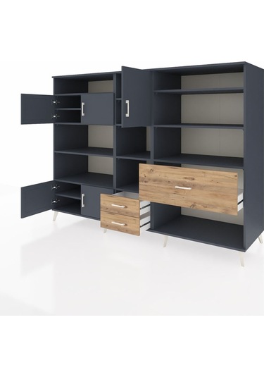 Kronos Dolap 13 Raflı 3 Çekmeceli 5 Kapaklı 220x59x163 Antrasit-a Antrasit-antrasit/çam