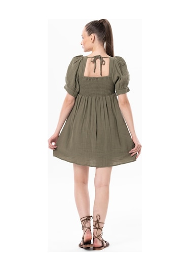 Kısa Kol Lara Kare Yaka Bağlama Detaylı Yazlık Müslin Elbise Haki Hk-haki Haki