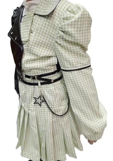 Kız Çocuk Deri Detaylı Yeşil Renk Üçlü Etekli Takım Yeşil