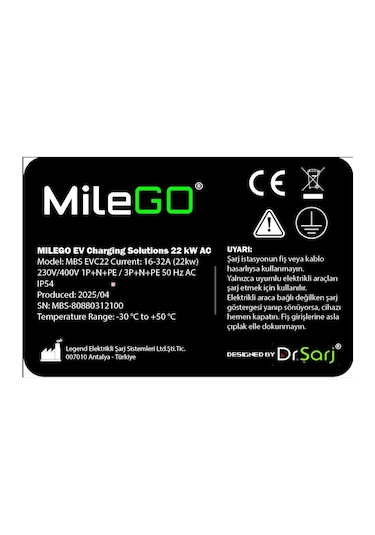 Milego 22kw Şarj Istasyonu 5 Metre Kablolu Set Mobil Taşınabilir Elektrikli Araç Şarj Ünitesi 22 Kw
