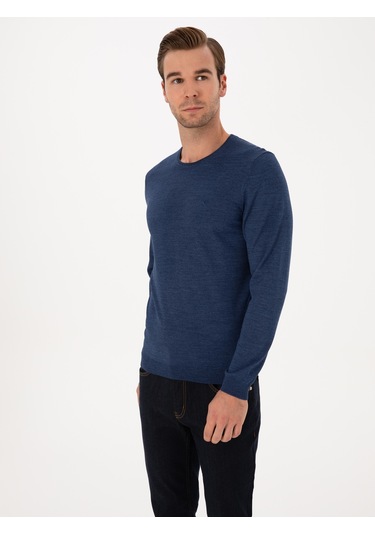 Cacharel İndigo Slim Fit Yün Karışımlı Bisiklet Yaka Basic Triko Kazak Mavi