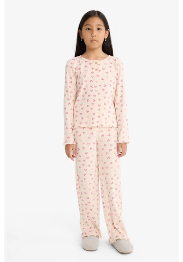 Defacto Kız Çocuk Pijama Takımı Fitilli Kaşkorse Kalp Desenli Uzun Kollu Üst Uzun Alt F7276a825aupn353 Pembe