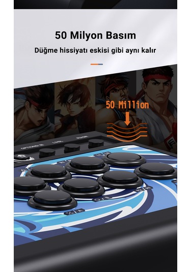 008 Arcade Dövüş Kolu Mavi Switch Mekanik Tuşlar, 50 Milyon Basım, Turbo Fonksiyonu, Klasik Çelik Joystick