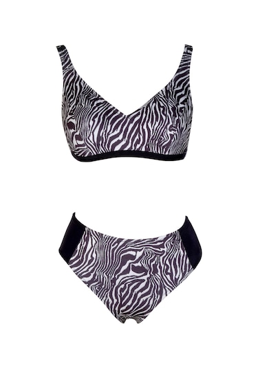 Endeep Beria Kadın Zebra Desenli Toparlayıcı Askılı Bikini Takımı Siyah