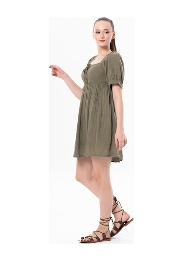 Kısa Kol Lara Kare Yaka Bağlama Detaylı Yazlık Müslin Elbise Haki Hk-haki Haki