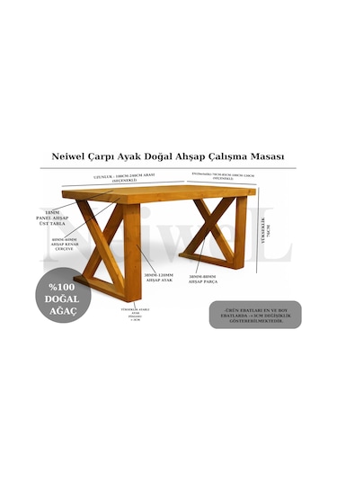Neiwel Wood Doğal Ahşap Çalışma Ve Ofis Masası-80cm-220cm Açık Ceviz