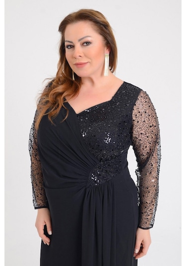 Lilas Xxl Kadın Büyük Beden Şifon Uzun Abiye Elbise 9651 Siyah Siyah
