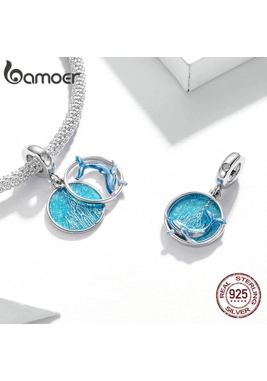 Bamoer 925 Ayar Gümüş Emaye Denizaltı Balinalar Mavi Okyanus Charm Kolye Orijinal Bilezik Veya Bileklik Gümüş