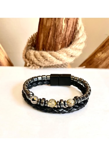 %100 Deri-hematit Kombin Erkek Bileklik Net 21cm Türk El Üretimi Siyah - Gri