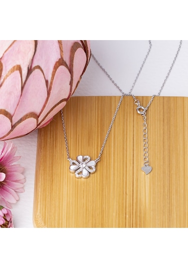 Yonca Model Sedef Zirkon Taşlı 925 Ayar Gümüş Kadın Kolye Gümüş - Rodyum