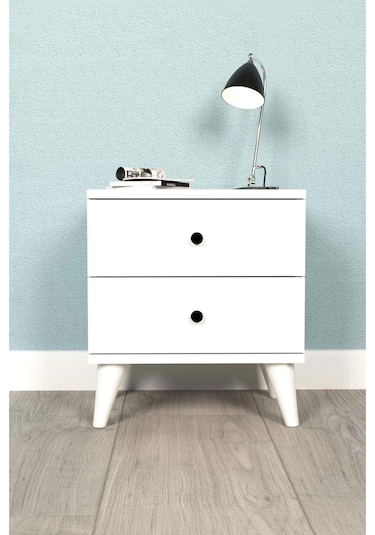 Komidin 2 Çekmeceli Beyaz Siyah Düğme Kulplu Konik Ayaklı Kurulu