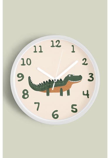 Sevimli Timsah Çocuk Odası Modern Duvar Saati - 42cm - Önü Camlı Beyaz Kasa - Sessiz Mekanizma Beyaz
