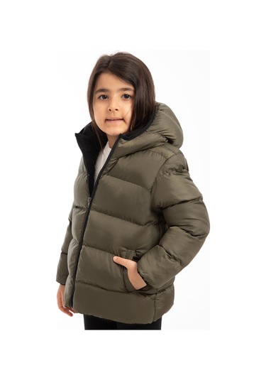 Kız Çocuk Haki Içi Polarlı Kapüşonlu Su Geçirmez Rüzgara Dayanıklı Şişme Kışlık Mont & Kaban Haki