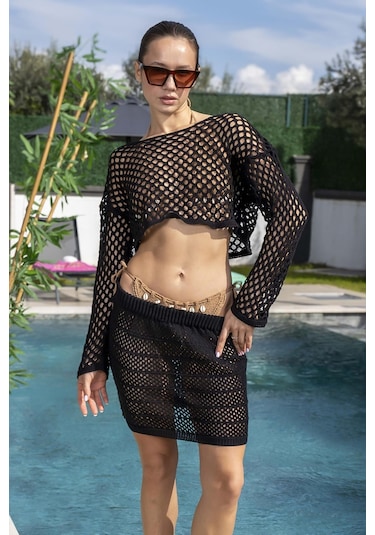 Mayom Koyu Bej Deniz Kabuğu İşlemeli Örgü Bikini Takımı-koyu Bej Koyu Bej