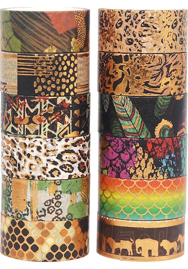 Neevoyu Vahşi Hayvan Desenli 12'li Set Folyo Altınlı Washi Bandı - 3 Metre Uzunlukta El Defteri, Ajanda Ve Hediye Paketi Dekorasyon Kullanıma Uygun