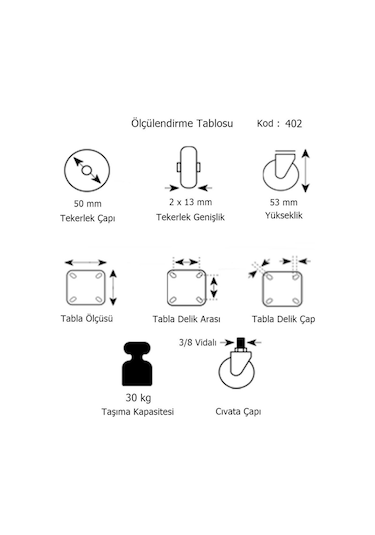 4 Adet Hts Eko 3/8 Vidalı Döner Mobilya Tekeri Çap : 49 Mm Kod : 402