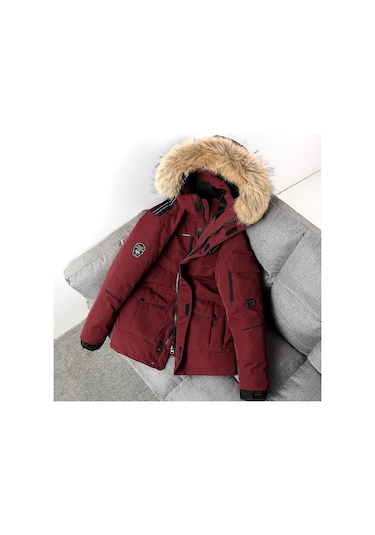 Erkekler İçin Açık Hava Kürk Yakalı Kalın Kışlık Ceket Siyah