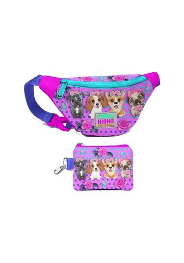 Coral High Kız Çocuk Pembe Köpek Desenli Bel Çantası Ve Bozuk Para Cüzdanı Set Çok Renkli