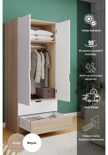 Lento 2 Kapaklı 1 Askılı 2 Çekmeceli Gardırop Beyaz Meşe Beyaz Meşe