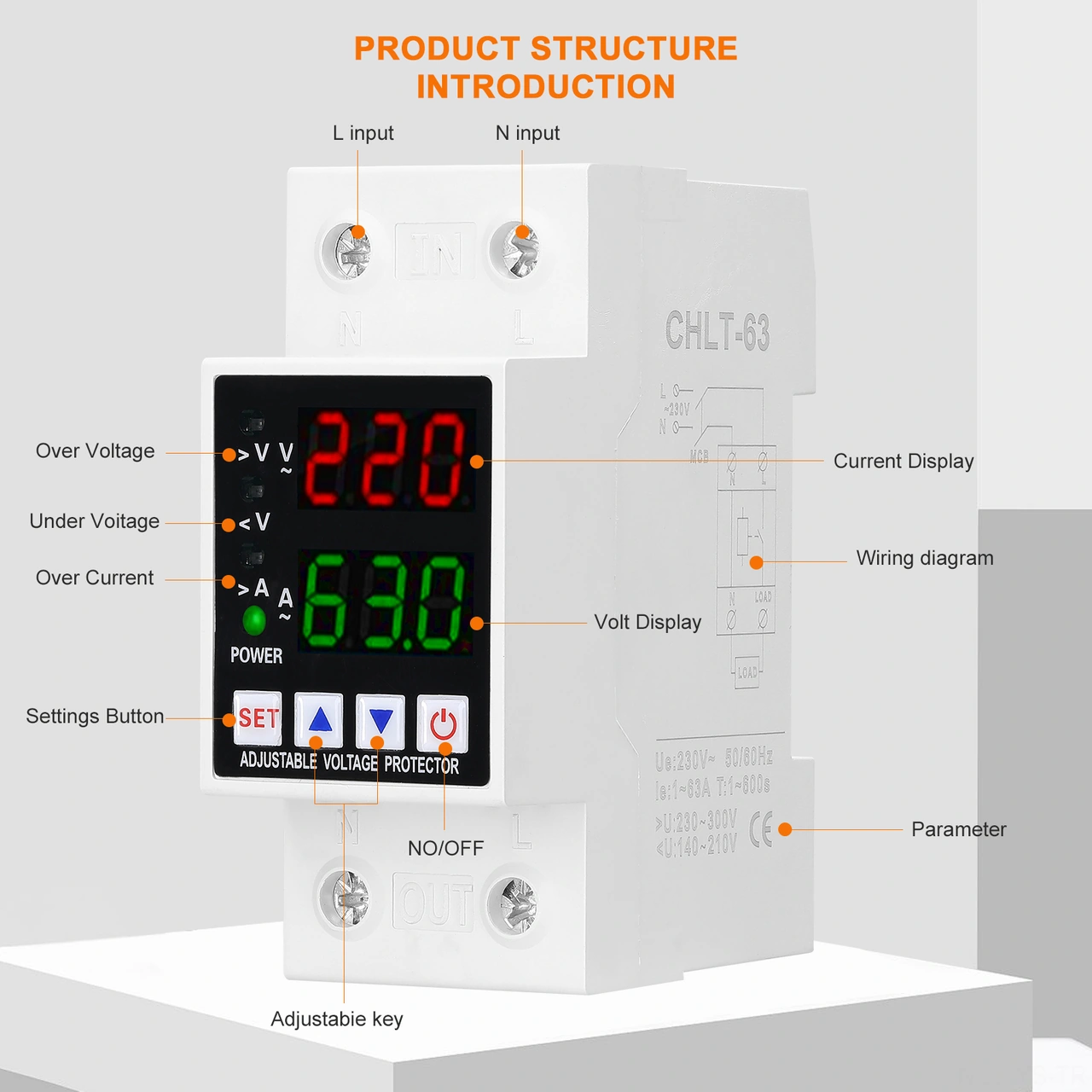 Yunboo Ev İçin Çift Ekranlı Ayarlanabilir Otomatik Sıfırlama Aşırı-düşük Gerilim Ve Akım Koruyucu Chlt-63va
