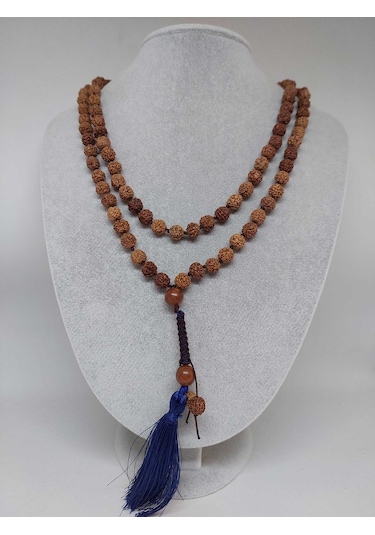 Rudraksha Tohumlu Lacivert Püsküllü 108'lik Ara Düğümlü El Yapımı