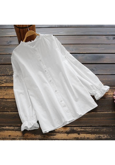 Beyaz Zanzea Kadın Vintage Uzun Kollu Göğüslü Fırfırlı Bisiklet Yaka Bluz Üstler Beyaz