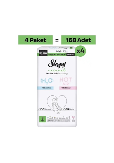Sleepy Natural Double Soft Mega Fırsat Paketi Bebek Bezi 3 Numara Midi 168 Adet