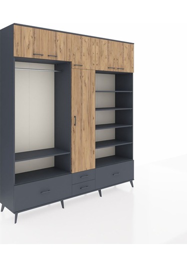 Hyperion Dolap 18 Raflı 4 Çekmeceli Tek Askılı 220x44x243 Antrasit-çam/antrasit Atlas Çam/antrasıt