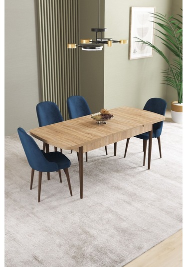Ikon Meşe Desen 80x132 Mdf Açılabilir Mutfak Masası Takımı 4 Adet Sandalye Lacivert