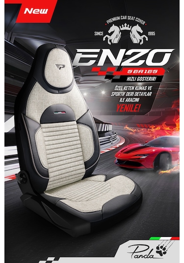 Kemik - Siyah Garni Panda Enzo Serisi Keten Kumaş Oto Koltuk Kılıfı - Tam Set