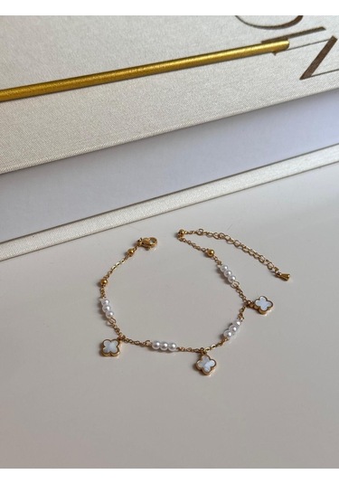 İnci Boncuklu Beyaz Çiçek Figürlü Altın Renk Kadın Halhal Altın